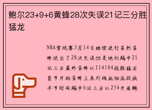 鲍尔23+9+6黄蜂28次失误21记三分胜猛龙